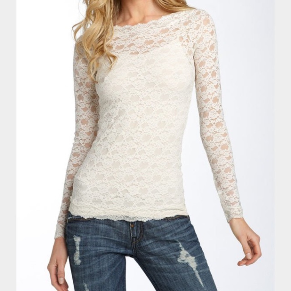 Free People Lace Long Sleeve Top in Ivory